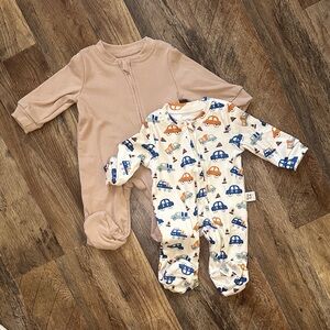 Adorable Car Print and Solid Tan Kids One Pieces